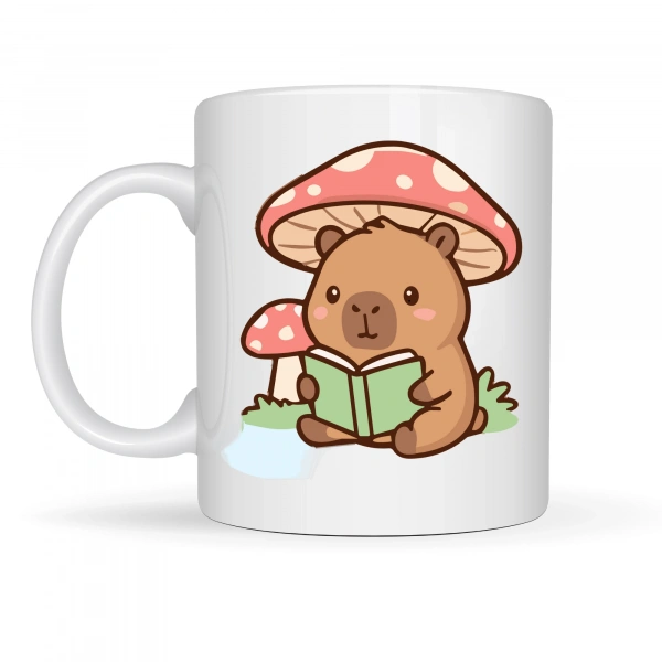 Sevimli Kitap Okuyan Kapibara Desenli Porselen Kupa MODEL 97 – Sıcacık Tasarım, Kahve & Çay Kupası, Hediye Fikri