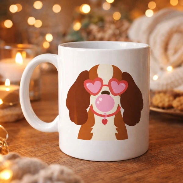 Sevimli Köpek Figürlü Kalpli Gözlüklü Porselen Kupa Model 45 – Aşk Dolu Tasarım