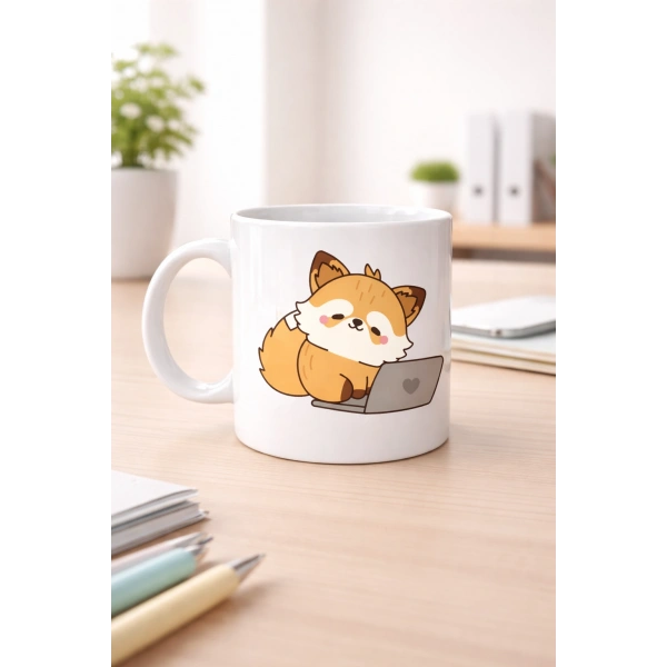 Sevimli Tilki Tasarımlı Porselen Kupa MODEL 115 – Laptoplu Tatlı Tilki Figürlü Ofis & Ev Kullanımı İçin Kahve Kupası