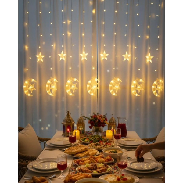 Sıcak Beyaz Ay Yıldız Işık Zinciri Parti Düğün Ramazan Dekoru