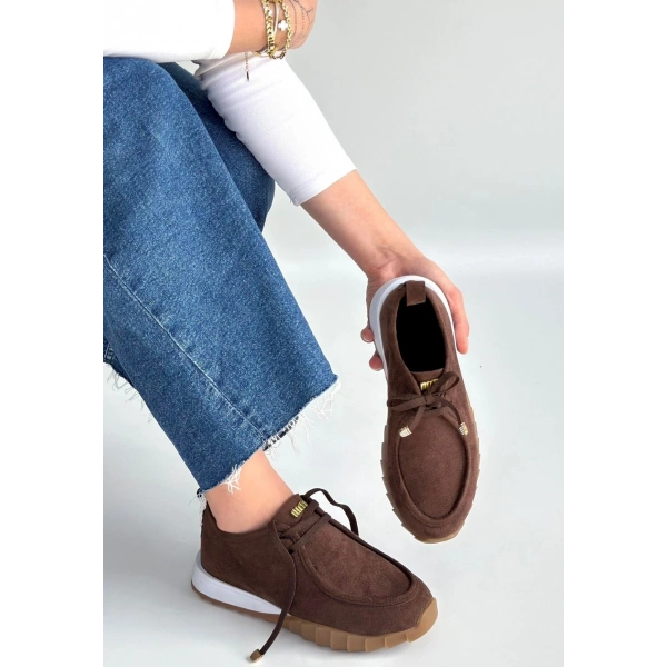 Sier Kahverengi Süet Bağcıklı Spor Ayakkabı