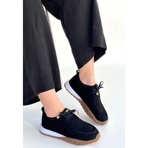 Sier Siyah Süet Bağcıklı Spor Ayakkabı