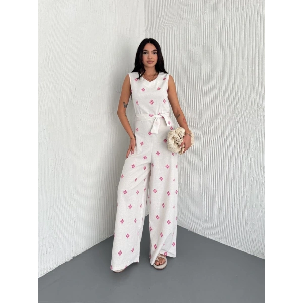 Sırt dekolteli keten beyaz tulum S1036