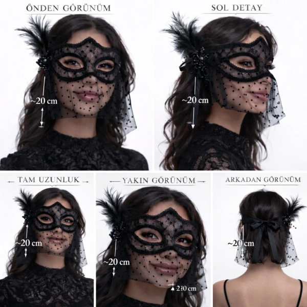 Siyah Dantel Tüllü Peçeli Parti Maskesi - Tüylü İnci Detaylı