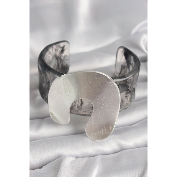 Siyah Mermer Desen Akrilik Plaka Vintage Kadın Bilezik