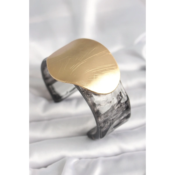 Siyah Mermer Desen Akrilik Plastik Gold Daire Plaka Model Vintage Kadın Bilezik