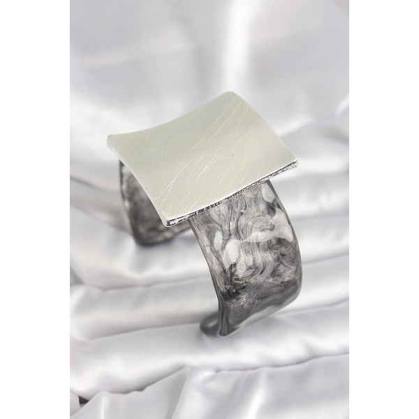 Siyah Mermer Desen Akrilik Plastik Gümüş Kare Plaka Model Vintage Kadın Bilezik