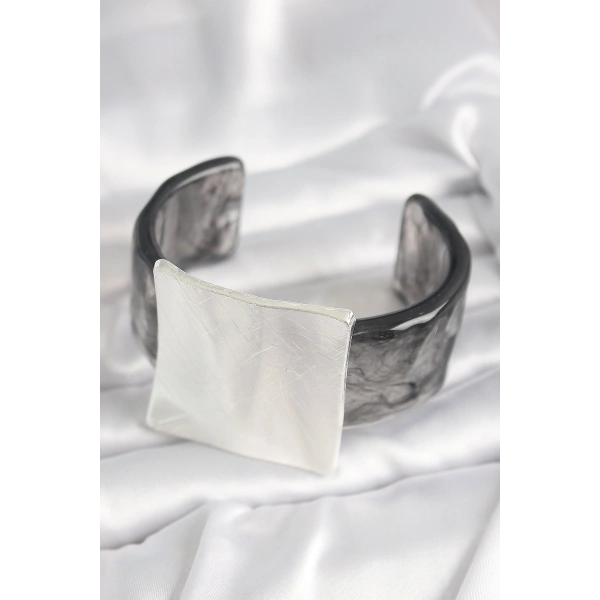 Siyah Mermer Desen Akrilik Plastik Gümüş Kare Plaka Model Vintage Kadın Bilezik