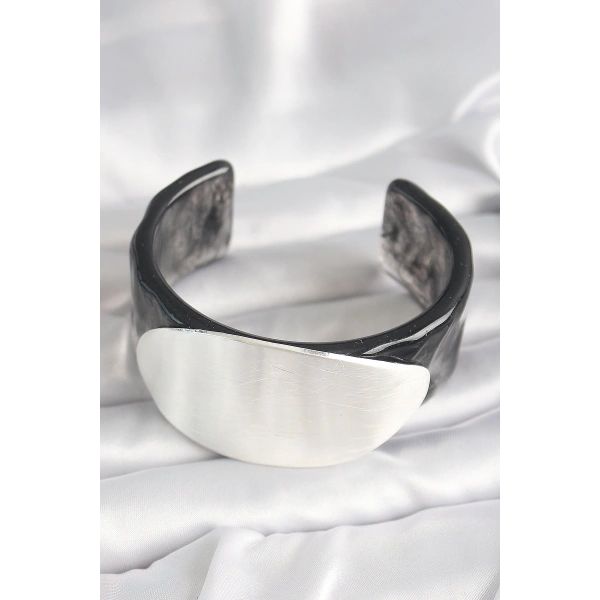 Siyah Mermer Desen Akrilik Plastik Gümüş Oval Plaka Model Vintage Kadın Bilezik