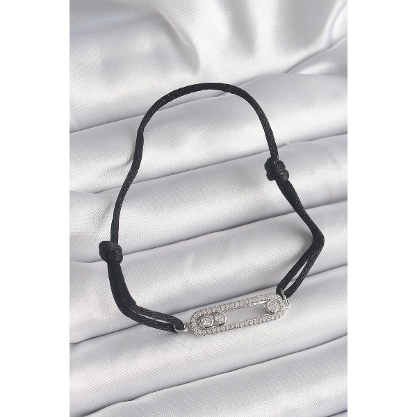 Siyah Renk İpli Asansör Zirkon Taşlı Gümüş Messika Model Kadın Bileklik