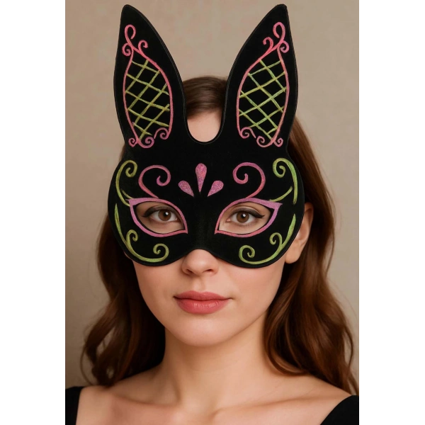 Siyah Renk Pembe Gold Simli Siyah Süet Kaplama Tavşan Maskesi 18x16 cm