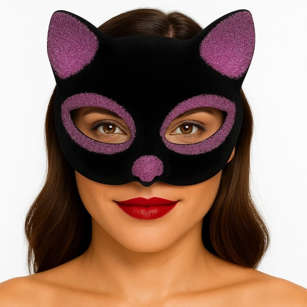 Siyah Renk Pembe Simli Süet Kaplama Kedi Maskesi 18x14 cm