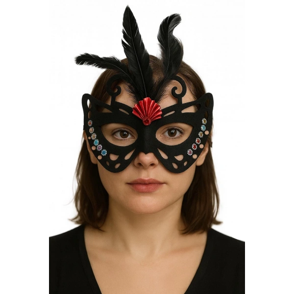 Siyah Renk Siyah Süet Kaplama Tüylü Kelebek Figür Parti Maskesi 24x18 cm