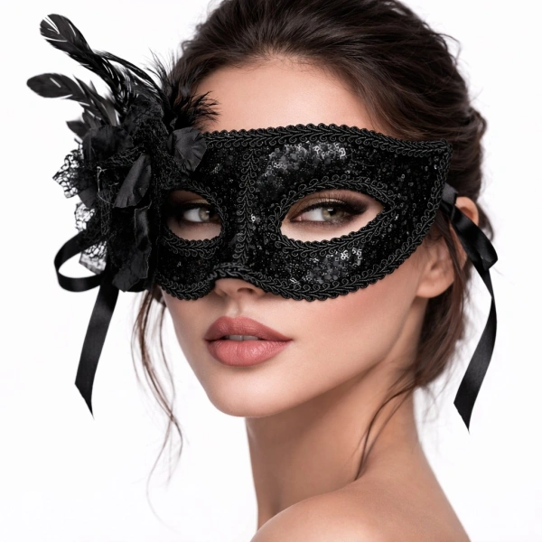 Siyah Venedik Parti Maskesi – Çiçekli Tüylü Payetli