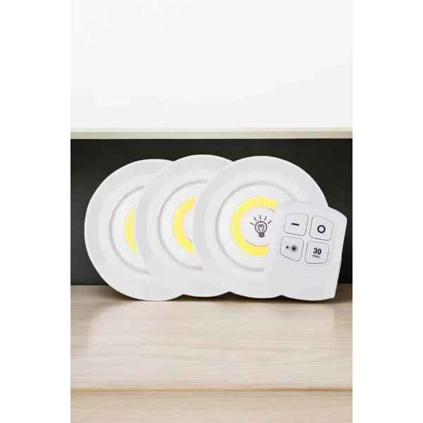 Spot Lamba Led Işık 3lü Uzaktan Kumandalı Pilli Yapışkanlı Kablosuz