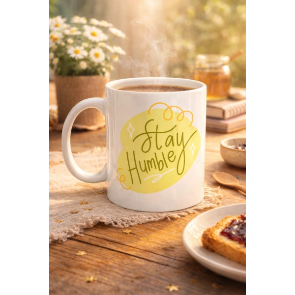 Stay Humble Porselen Kupa MODEL 129 – Minimal Motivasyon Kupası, Şık Tasarım, Günlük Kahve & Çay Kupası