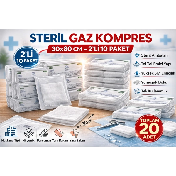 Steril Gaz Kompres 30x80 cm 2li 10 Paket Tel Tel Spanç Steril Gazlı Bez Yara Bakım Kompresi