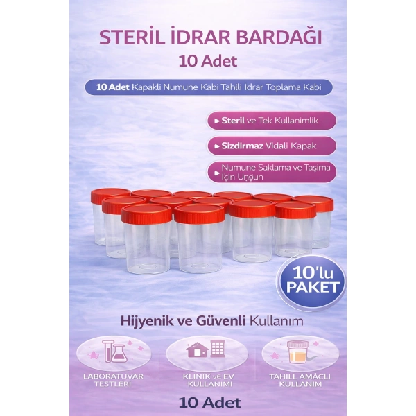 Steril İdrar Kabı Kapasiteli Numune Toplama Kabı 10 Adet