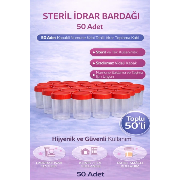 Steril İdrar Kabı Kapasiteli Numune Toplama Kabı 50 Adet