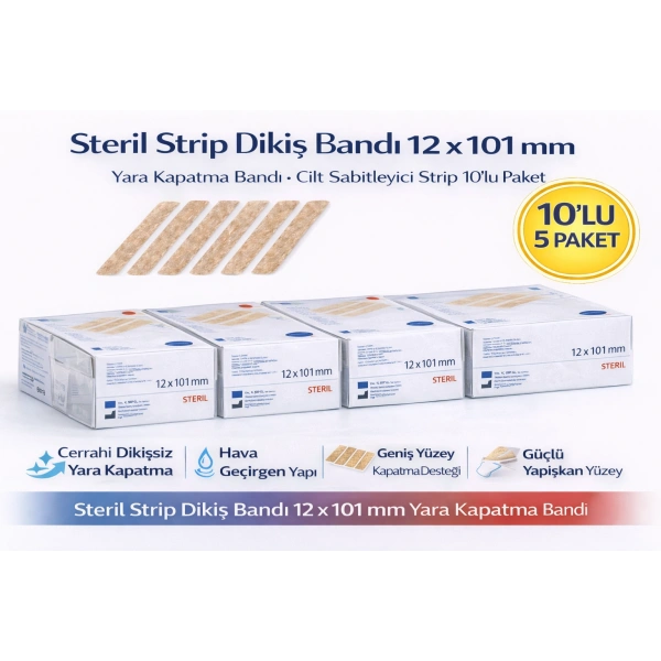 Steril Strip Dikiş Bandı 12 x 101 mm Yara Kapatma Bandı Cilt Sabitleyici Strip 10’lu 5 Paket