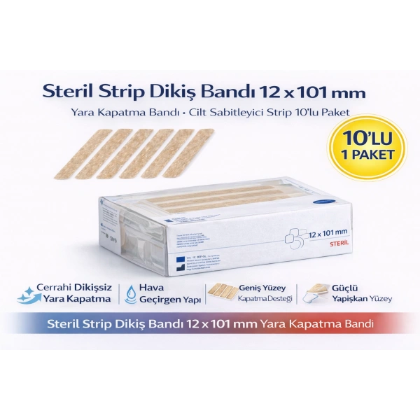 Steril Strip Dikiş Bandı 12 x 101 mm Yara Kapatma Bandı Cilt Sabitleyici Strip 10’lu Paket