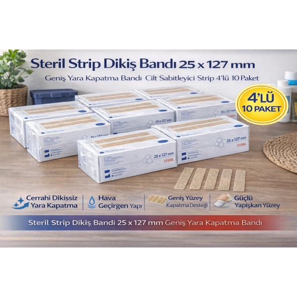 Steril Strip Dikiş Bandı 25 x 127 mm Geniş Yara Kapatma Bandı Cilt Sabitleyici Strip 4’lü 10 Paket