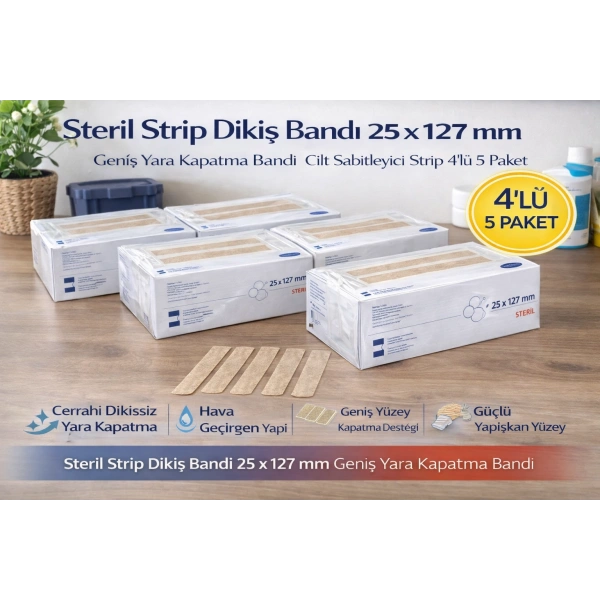 Steril Strip Dikiş Bandı 25 x 127 mm Geniş Yara Kapatma Bandı Cilt Sabitleyici Strip 4’lü 5 Paket