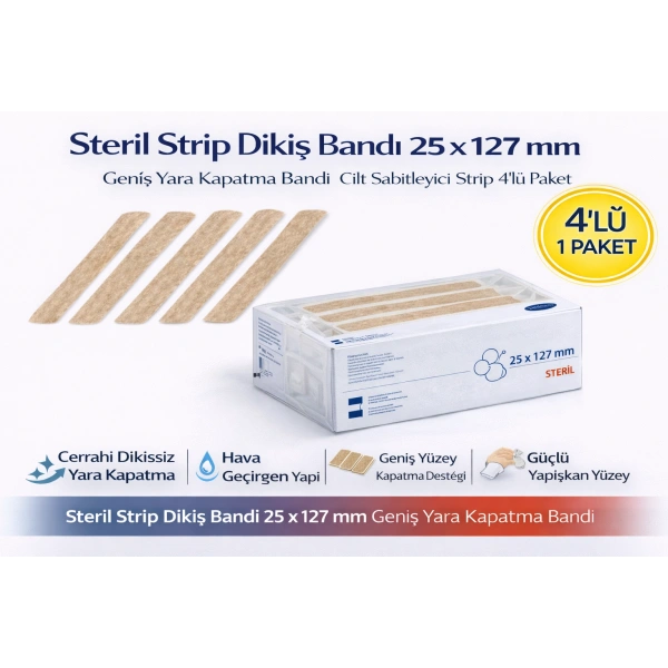Steril Strip Dikiş Bandı 25 x 127 mm Geniş Yara Kapatma Bandı Cilt Sabitleyici Strip 4’lü Paket