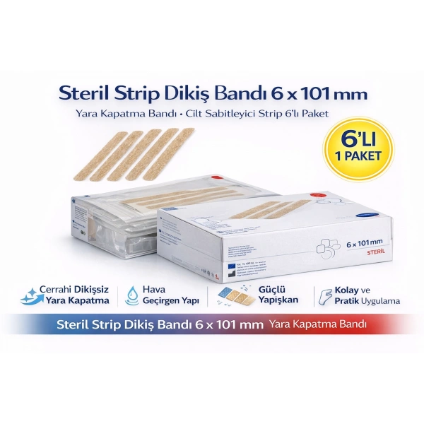 Steril Strip Dikiş Bandı 6 x 101 mm Yara Kapatma Bandı Cilt Sabitleyici Strip 6’lı 1 Paket