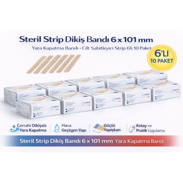 Steril Strip Dikiş Bandı 6 x 101 mm Yara Kapatma Bandı Cilt Sabitleyici Strip 6’lı 10 Paket