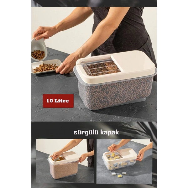 Sürgülü Kapaklı 10 LT Erzak Bakliyat Un Şeker Saklama Kabı
