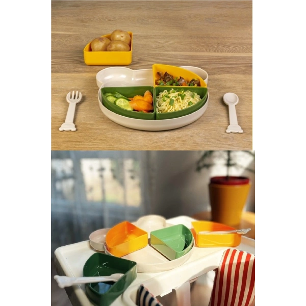 Tabldot Mama Tabağı Çıkarılabilir Kaseli -Tepsili 4 Bölmeli Çatal Kaşıklı Ayıcık Beslenme Kabı