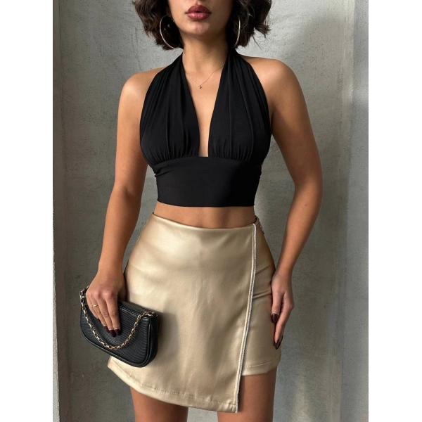 Taşlı şort etek deri gold h240018