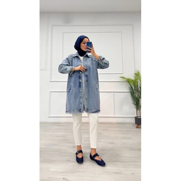 Taşlı tunik ceket kar yıkamalı mavi d2516