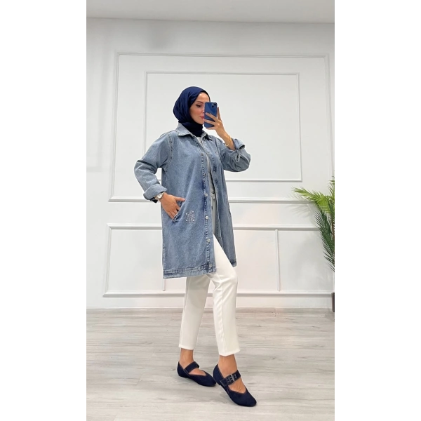 Taşlı tunik ceket kar yıkamalı mavi d2516