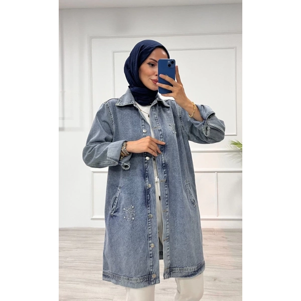 Taşlı tunik ceket kar yıkamalı mavi d2516