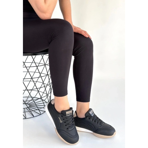 Tawen Siyah Cilt Bej Tabanlı Bağcıklı Spor Ayakkabı