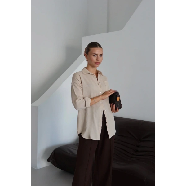Tek cepli müslin gömlek bej pt