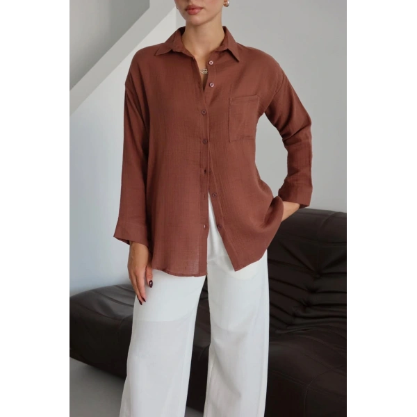 Tek cepli müslin gömlek kahve pt