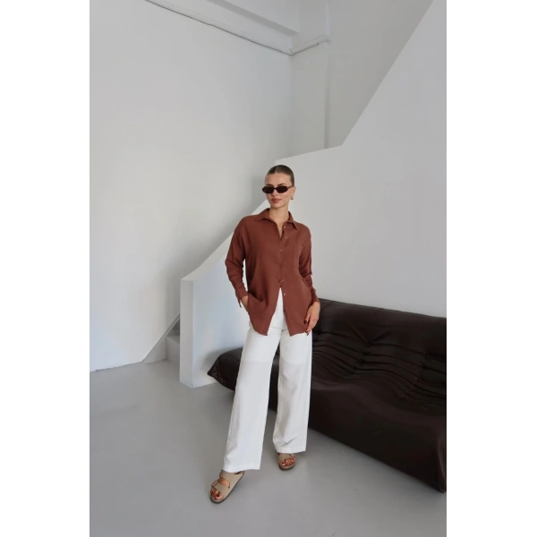 Tek cepli müslin gömlek kahve pt