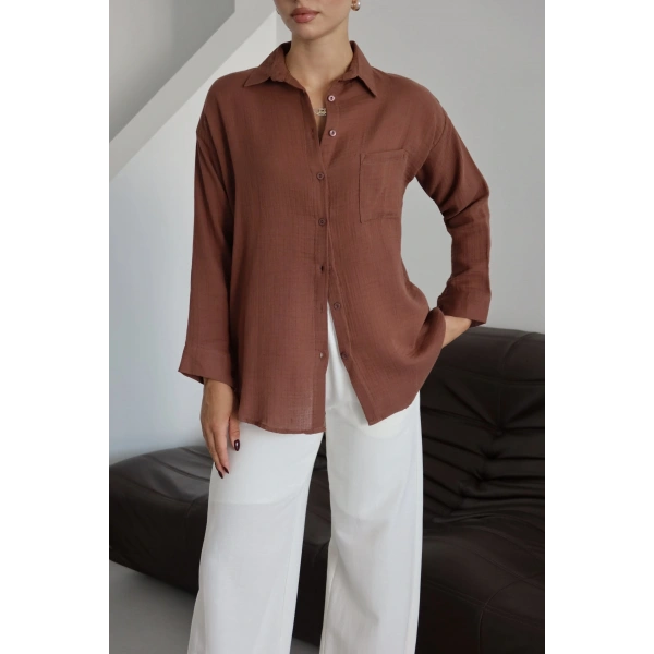 Tek cepli müslin gömlek kahve pt