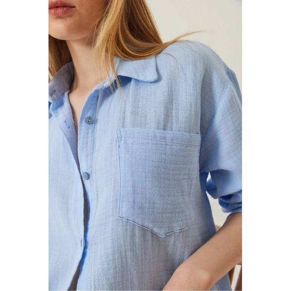 Tek cepli müslin gömlek mavi pt