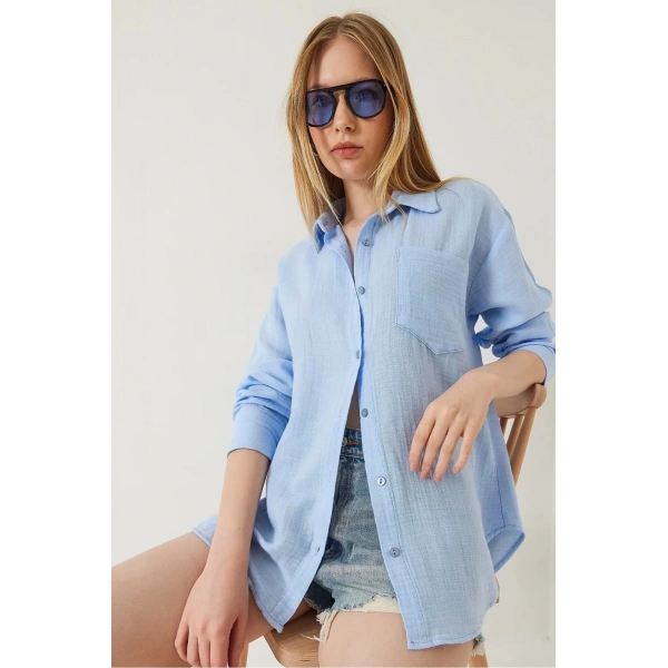 Tek cepli müslin gömlek mavi pt