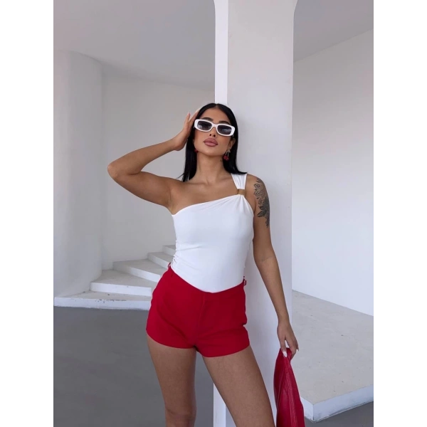 Tek omuzlu Otoman kumaş gold metal detaylı bluz s2311