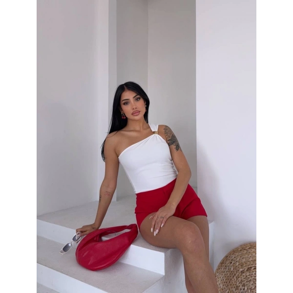 Tek omuzlu Otoman kumaş gold metal detaylı bluz s2311