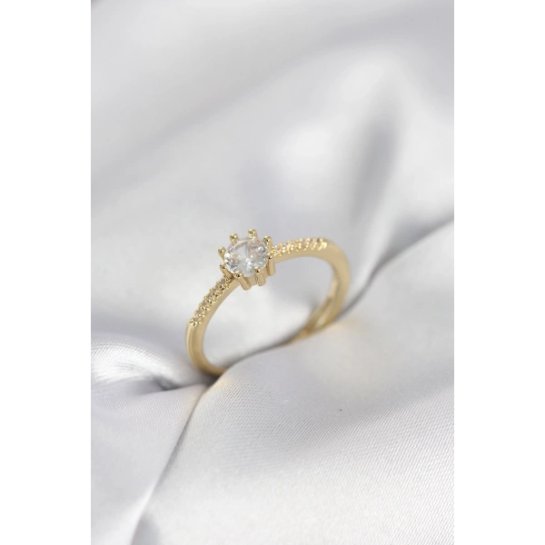 Tek Taş Model Gold Renk Zirkon Taşlı Kadın Yüzük