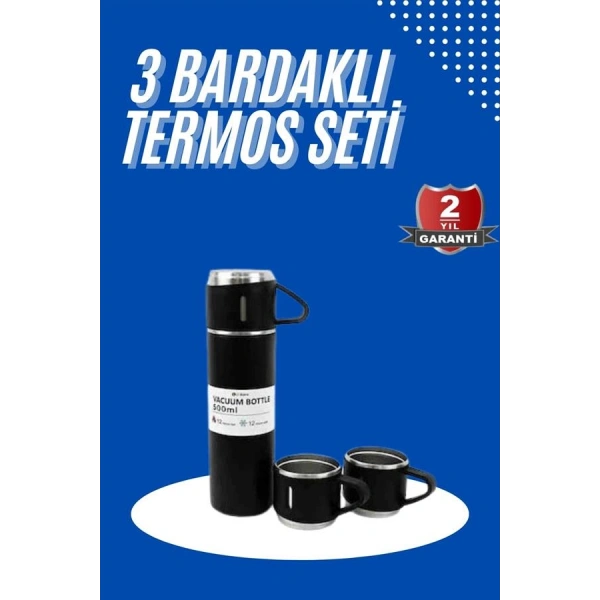 Termos Seti 3lü Bardak Seti Isı Dayanıklı Siyah Paslanmaz Çelik Vakumlu
