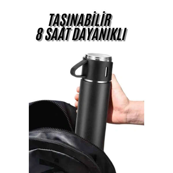 Termos Seti 3lü Bardak Seti Isı Dayanıklı Siyah Paslanmaz Çelik Vakumlu