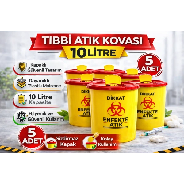Tıbbi Atık Kovası 10 Litre 5 Adet Kapaklı Tıbbi Atık Kutusu Enfekte Atık Kovası Seti