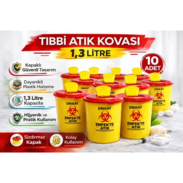 Tıbbi Atık Kovası 1,3 Litre 10 Adet Kapaklı Tıbbi Atık Kutusu Enfekte Atık Kovası Seti